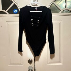 Black Long Sleeve Lace-Up Bodysuit